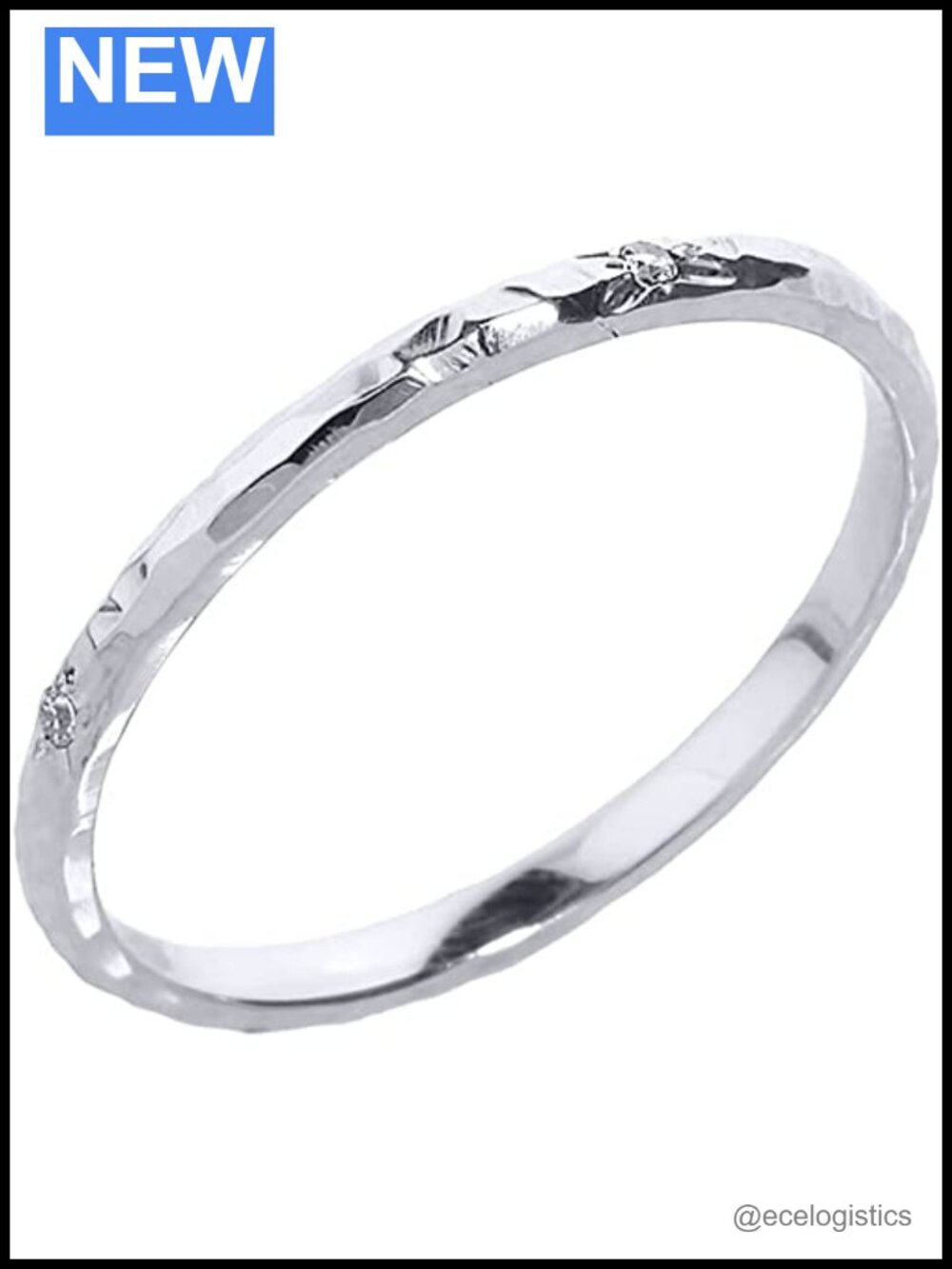 10K White Gold Stackable Diamond Accented Slender Hammered Band Ring